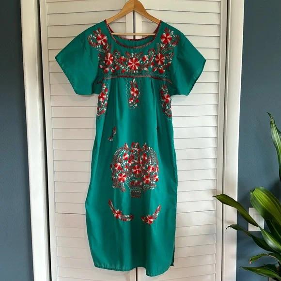 Hand Embroidered Mexican Dress | Color: Green/Red | Size: M | Erinkathryn's Closet Hand Embroidered Mexican Dress | Color: Green/Red | Size: M | Erinkathryn's Closet